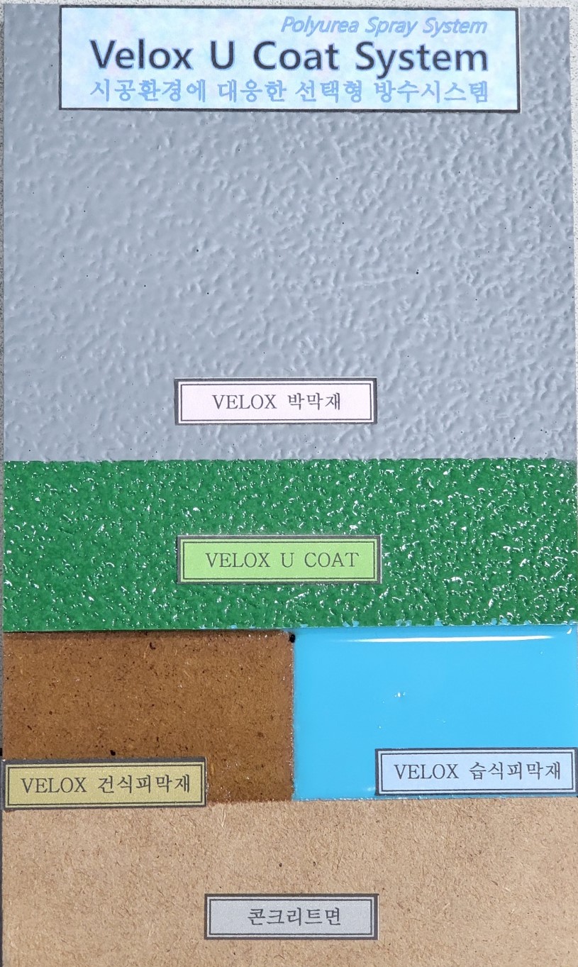 건조면 또는 습윤면 피막재와 수동 또는 자동 분사장비를 사용하여 벨록스 유 코트를 도포하는 초속경화 방수공법 (Velox U Coat System