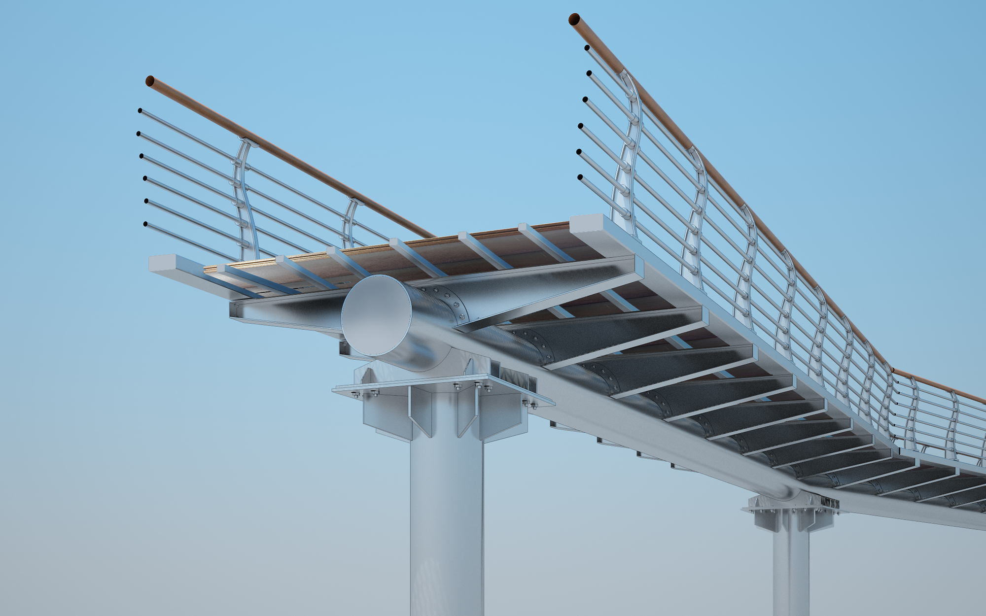 단일 원형강관 거더 상부에 강재 브라켓과 목재 데크를 설치한 보도교 시공기술